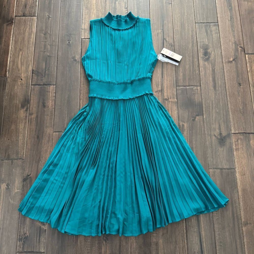 Nanette Lepore Deep Lake Aqua Blue Mock Neck Pleated Sleeveless Dress 6 NWT